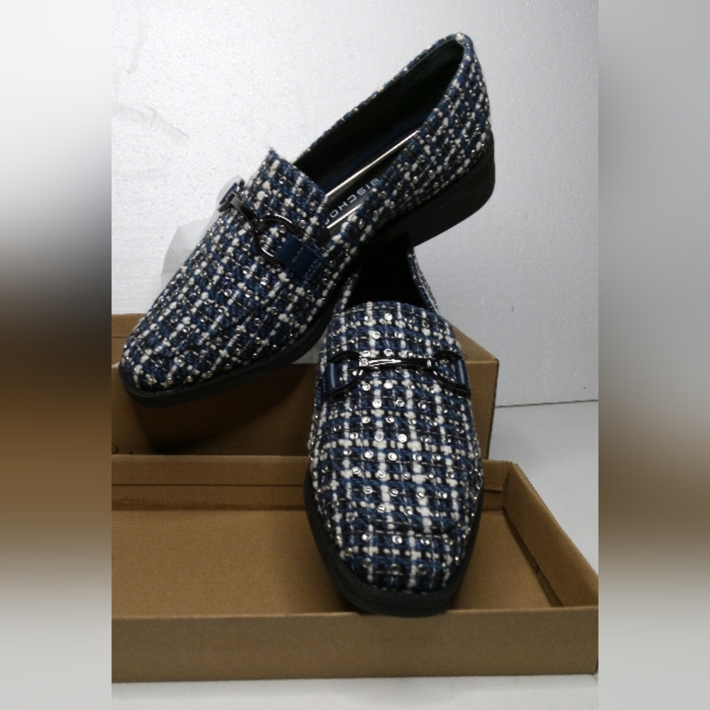 Elegant Blue and White Tweed Loafers